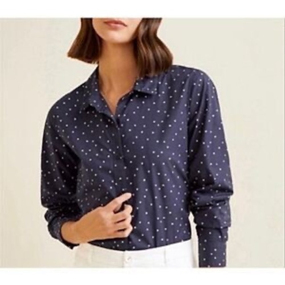 Garnet Hill Navy Heart Polka Dot Cotton Button Down Shirt Women 8 Long Sleeve